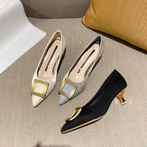 High Heeled Shoes Womens 2021 New Satin Pointed Metal Buckle High Heeled Single Shoes Womens Shallow Mouth Shoes
