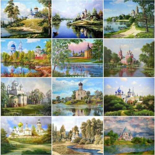 Spring Scenic Diamond Painting Church Castle 5D DIY Diamond Embroidery Full Square Landscape Picture Rhinestones Mosaic Handmade