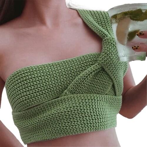 Womens Sexy Naughty Lace-up Knitwear Casual Irregular Solid Avocado color Blouse DIY Sleeveless Tops for Four Seasons