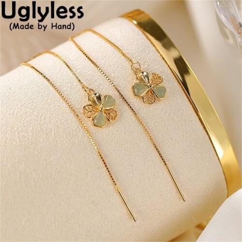 Uglyless Natural Jade Little Flowers Ear Lines for Women Real 925 Sterling Silver 10CM Long Earrings Gold Floral Brincos Bijoux