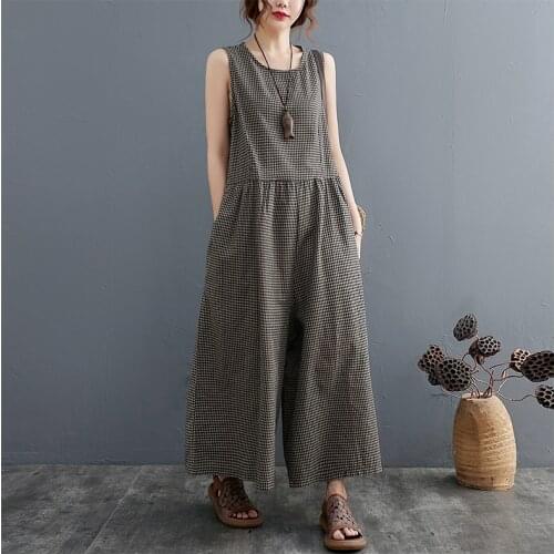 2021 New Summer Oversized Women Jumpsuits Casual Loose Female Wide Leg Long Trousers Baggy Vintage Cotton Linen Rompers Overalls