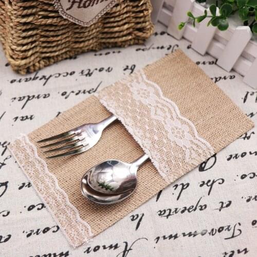 4pcs Burlap Lace Cutlery Pouch Rustic Wedding Tableware Knife Fork Holder Bag Hessian Jute Table Decoration Accessories for Home