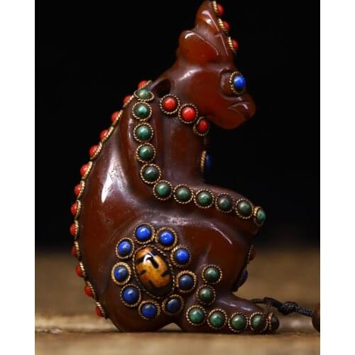 4"Tibet temple Old Natural agate Filigree Gem Dzi Bead Monkey statue Pendant Amulet Town House Exorcism Ward off evil spirits