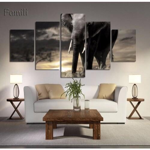 Stretched 5 Panel animal painting canvas prints public picture elephants without ivory protect animals modern artwork with love