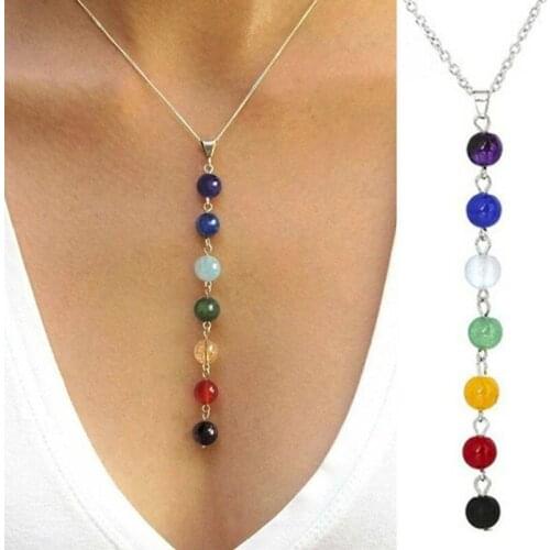 7 Chakra Gem Stone Beads Pendant Necklace Women Yoga Reiki Healing Balancing Long Chakra Necklaces Femme Jewelry 2021 New chain