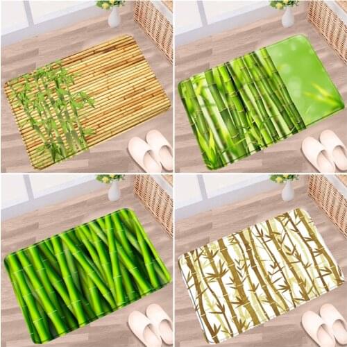 Bamboo Bathroom Mat Spring Plant Green Leaf Pattern Non-slip Rugs Flannel Home Decor Bath Kitchen Doorway Aisle Carpet Doormat