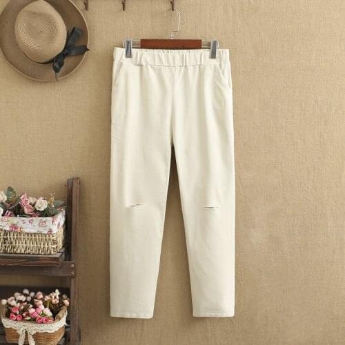 Plus Size Pants Set High Quality High Waist Elastic Cotton Fabric Knees Hole Design Large Size Leggings In Spring For Fatwomen