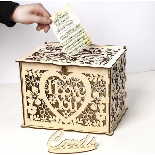 Wooden Wedding Envelope Gift Card Box Hollow Floral Pattern Invitation Card DIY Box Wedding Supplies Party Decor