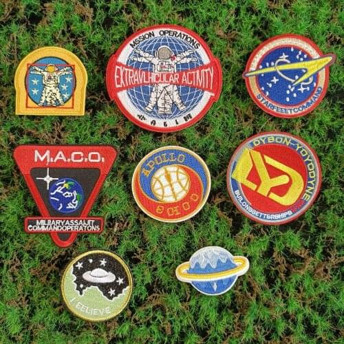 Design iron-on embroidery ufo letter space spaceman star cartoon patches for clothing HE-19