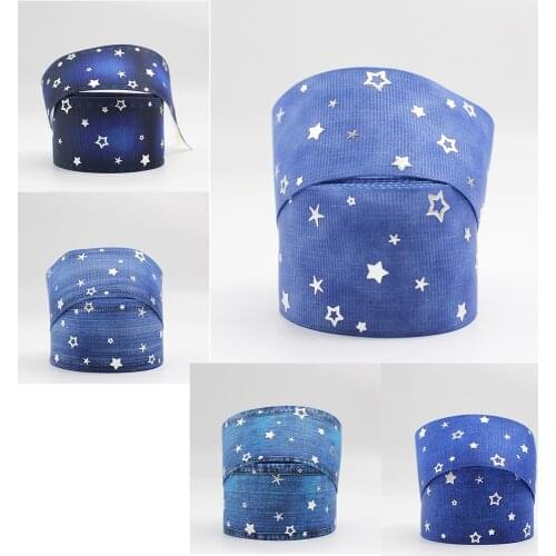 Denim Design Silver Foil Printed Luminous Star Ribbon 10/25/50 Yards Diy Handmade Gift Wrapping Wedding Decoration Ribbon
