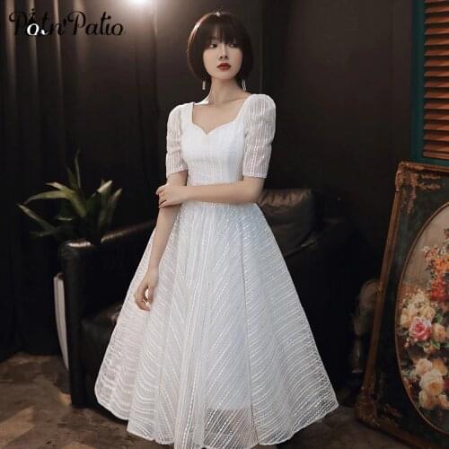 Elegant White Prom Dresses 2020 Simple Medium Long Tea-length Sequin Lace Homecoming Dresses