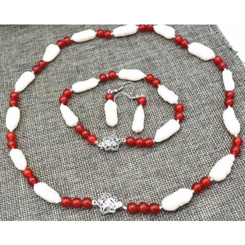 HOT!!!8-16mm natural pearl & 6mm red bead Necklace Bracelet Earrings Set