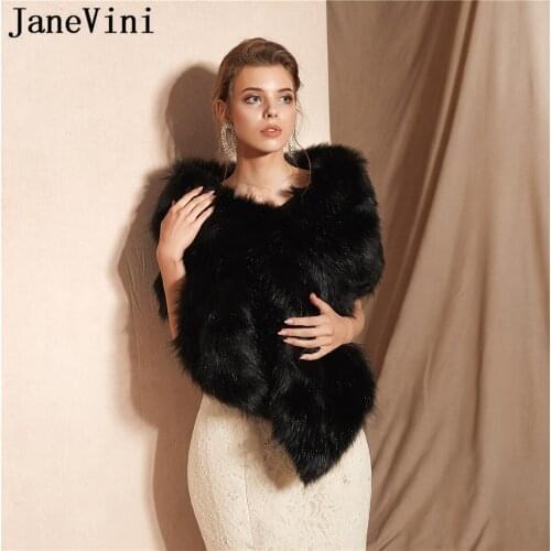 JaneVini 2019 Elegant Black Bridal Cloak Bolero Women Short Faux Fur Shawls and Wraps Jacket Winter Wedding Cape Fourure Mariage