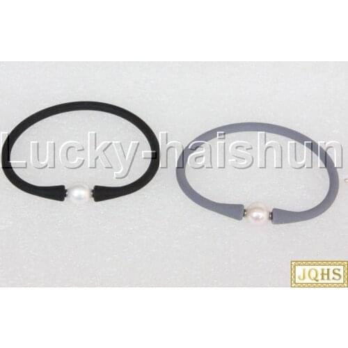 JQHS 7" 10mm springy round white pearls Silicone rubber Bracelet j13206
