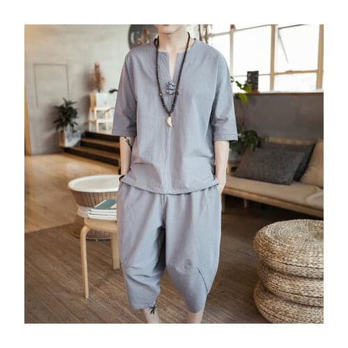 Chinese Style Men Hanfu T Shirt Trousers Tang Suit Traditional Kung Fu Uniform Japanese Blouse Tops Wide Leg Jogger Harem Pants