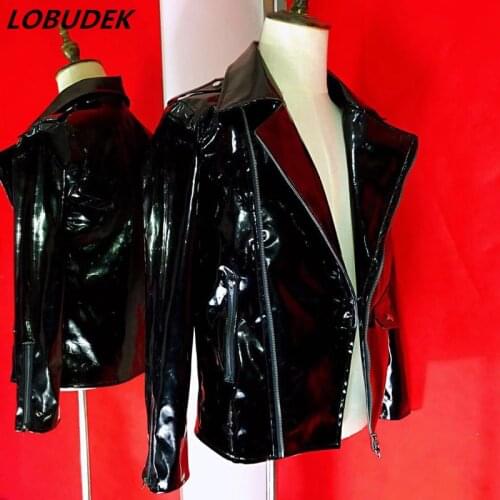 Punk Red Black PU Leather Jacket DJ Male Singer Stage Performance Motorcycle Leather Coat Star Nightclub Concert Show Costume