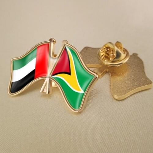 United Arab Emirates and Guyana Crossed Double Friendship Flags Lapel Pins Brooch Badges