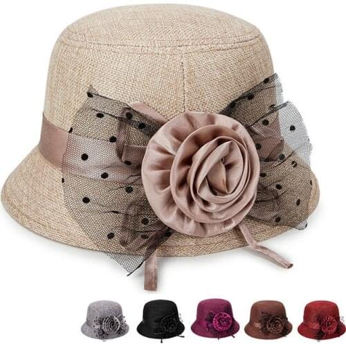 Summer Spring Women Linen Bucket Hats with Gauze Floral chapeau bowler hat derby sunhat Mothers Hat for female ladies
