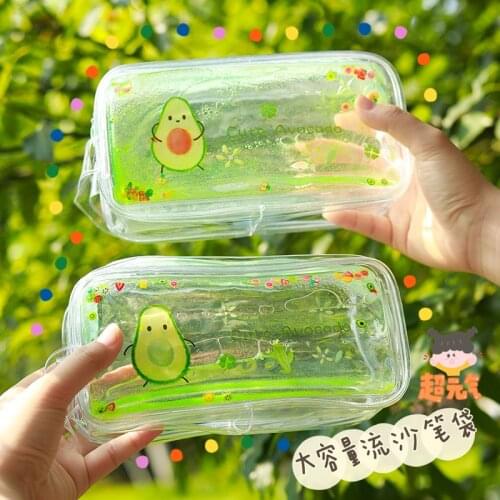 Portable Kawaii Quicksand Transparent Cosmetic Bag Avocado Peach Pencil Case for Boy Girl Pencil Box School Supplies Stationery