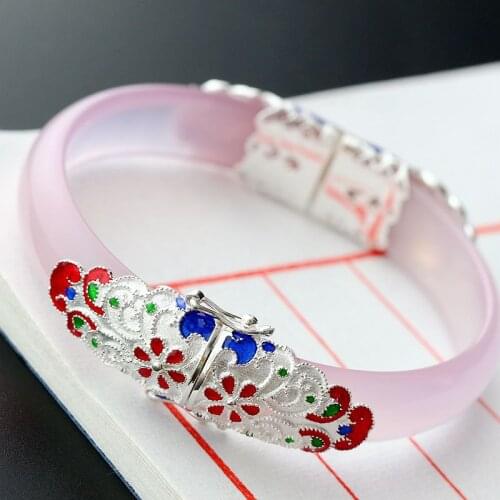 Retro Thai Silver Wholesale Womens Vintage S925 Sterling Silver Bangle Inlaid Natural Powder Chalcedony Open Ended Bangle