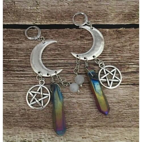 Crescent Moon -Pentagram Quartz Crystal Witchy Earrings - Goth - Gothic - Witchy - Celestial - Jewelry - Silver Plated- Moon