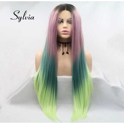 Sylvia Synthetic Ombre Long Silky Lace Front Wigs For Women Hair With Dark Roots Heat Resistant Fiber Cosplay