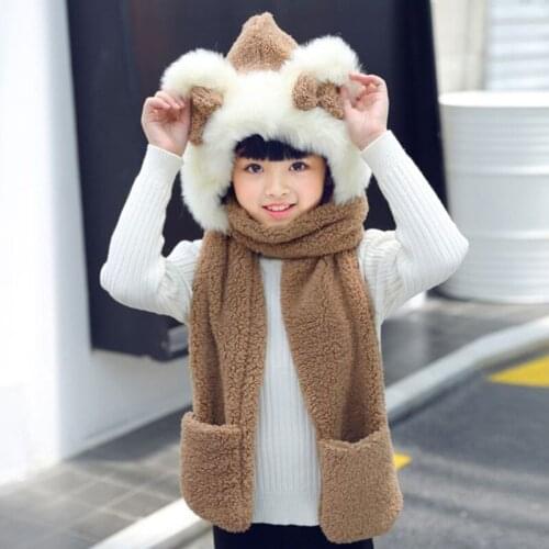 Toddler 3 In 1 Warm Plush Winter Hat Cute Bowknot Bear Ears Kids Scarf Mitten Gloves with Pockets Earflap Hoodie Cap