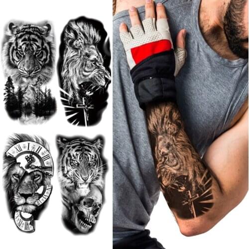 Lion Tiger Temporary Tattoos Sticker Black Draw Fake Tattoo Body Art Arm Sleeve Waterproof Flash Tatoo Paper Sexy Women Men