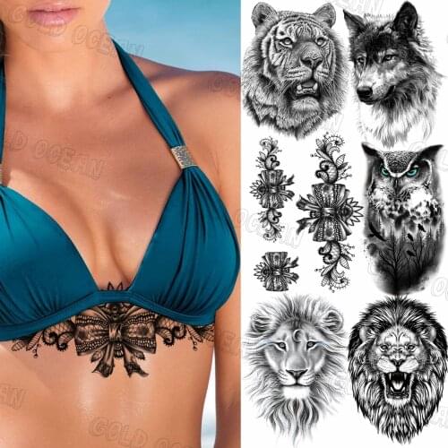 Black Bow Lace Temporary Tattoos For Women Underboob Realistic Tiger Wolf Lion Owl Fake Tattoo Sticker Chest Arm Tatoos Thigh