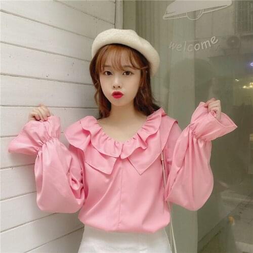 Korean Sweet Preppy Style Ulzzang Ruffles Fashion Brand Flare Sleeve Women Blouses Loose Pink Ladies Tops V-neck Shirts New