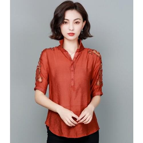 Blouse Women Summer 2021 New Office Lady Half Sleeve Loose Hollow Out Brick Red Sapphire Brown Blusas Womens Tops And Blouses