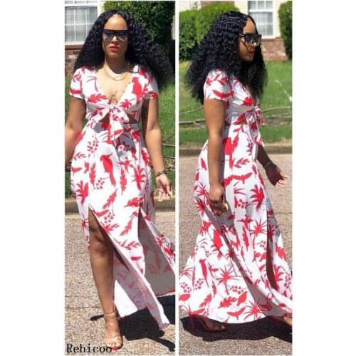 Women new summer print tie up v-neck short sleeve cut out waist slim maxi dress sexy beach party club long dresses Rebicoo