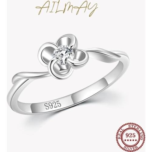 Ailmay Clear Zircon Elegant Romantic Flower Finger Ring For Women Cute Accessories Simple Fashion 925 Sterling Silver Jewelry