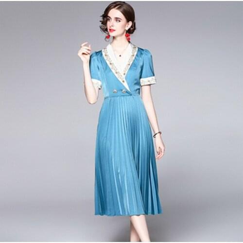 2021 Summer High-End Midi Dress For Women V-Collar Short Sleeve Luxuriy Floral Embroidery Beading Buttons Blue Pleated Dresses