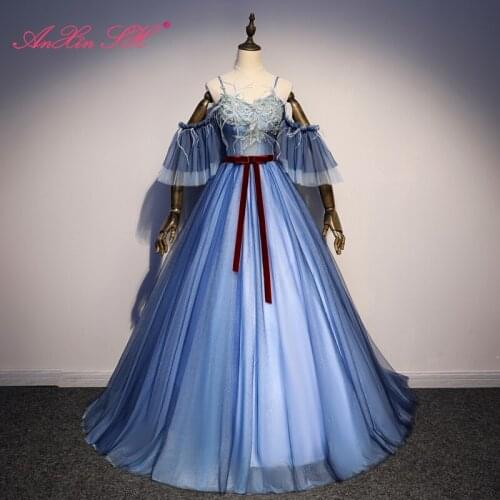 AXJFU blue lace flower evening dress vintage princess stage boat neck blue lace red bow ruffles feather sleeve evening dress