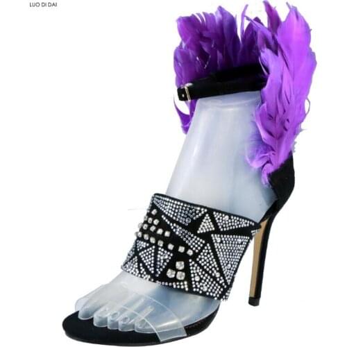 2020 women fashion party shoes purple feather sandals dress shoes rhinestone stud sandals open toe gold sandals thin heel
