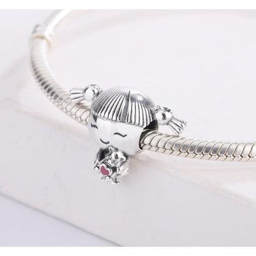 925 Sterling Silver Cute Little Girl Holding Pink Heart-Shaped Bear Doll In Her Hands Pendant Charm Bracelet DIY Jewelry