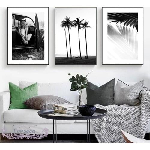 Black White Landscape Sexy Woman Poster Summer Tropical Green Leaf Beach Picture Wall Art Canvas Painting Home Decoration