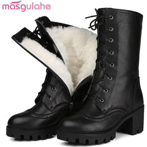 Masgulahe black fashion mid calf boots women round toe zip pu+cow leather boots high heels keep warm shearling snow boots zip