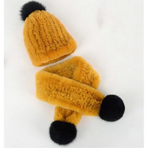 Kids Winter Scarf PomPom Baby Scarf Winter Natural Rex Rabbit Fur Cap Boys Girls Warm Neck Warmer Scarves Fur Ball Two-Piece