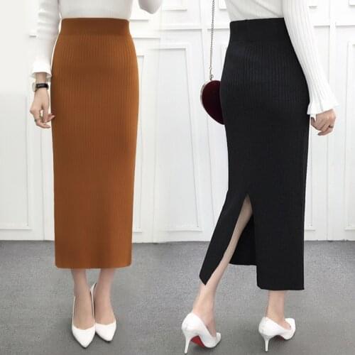 Spring Maxi Long Knitted Skirts Split Hip Package Side Split Buttons OL Long Knit Autumn Skirts Burgundy Green Khaki