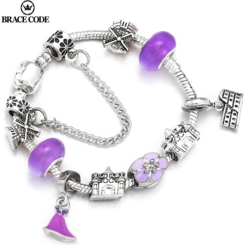 Purple Charm Flower Castle Pendant Windmill Bead Charm Lady Bracelet, Silver Plated Snake Bone Chain Brand Bracelet Jewelry Gift