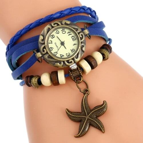 Gnova Platinum Indian ethnic Bracelet Watch Sea star charm Vintage Genuine Leather wristwatch girl Fashion School A902