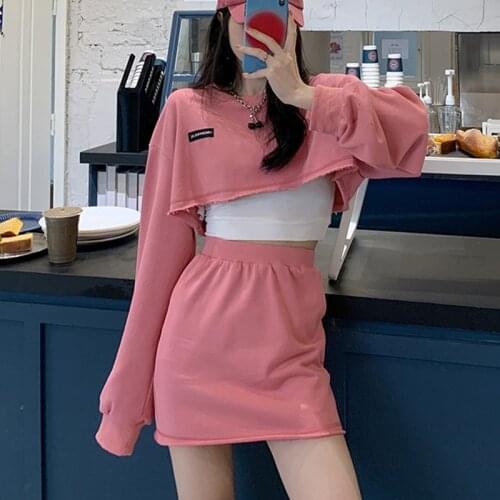 GUUZYUVIZ Casual Loose 2 Piece Sets Womens Outfits Long Sleeve Letter Short Top And High Waist Mini Skirt Sprot Women Tracksuit