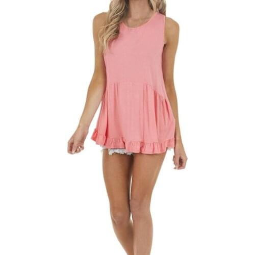 Summer New Solid Color Slim Sleeveless Ruffled Camisole Tops Casual All-Match Round Neck Sweet T-Shirt Ladies Sling Top Blouse
