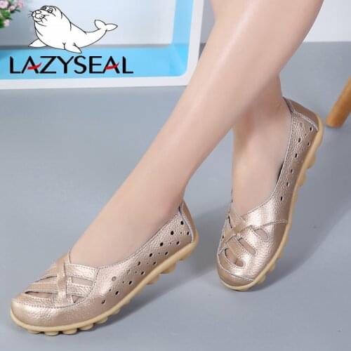 LazySeal Shoes Woman Cutout Loafer Genuine Leather Moccasins Prints Flower Female Casual Mother Loafers Shoe Soft Flats Footwear