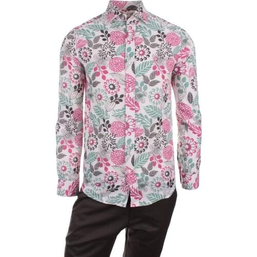 Gentilbay Mens Hawaiian Leaf Digital Printed Pink Slimfit Long-Sleeve Sport Shirt DPD110