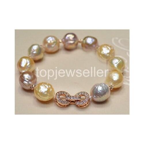Natural 11-13mm Multicolor Baroque Pearl Bracelet Fashion rose gold bracelets Free shipping