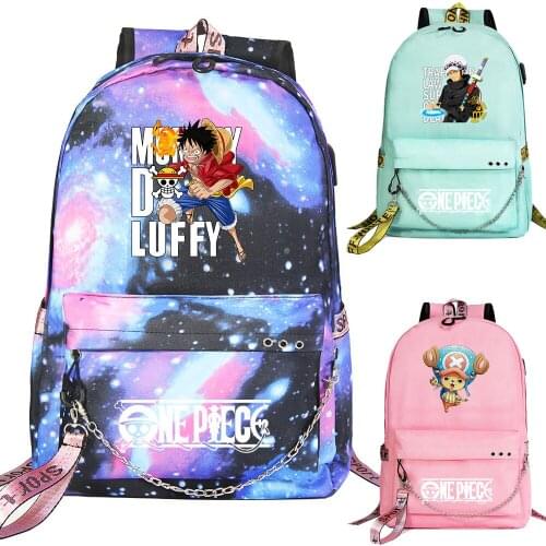 New Cartoon One Piece Luffy Prints Boys Girls Kids School bag Women USB Chain Backpack Canvas Men Bagpack Packsack Bookbag