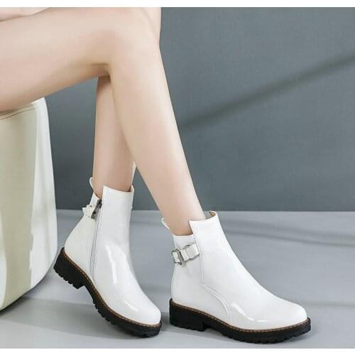 2021 New Winter Knight Boots Ladies Fashion Patent Leather Buckle Zipper Ankle Boots Low Heel Round Toe Womens Shoes